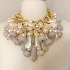 Gorgeous Gold Tone Faux Pearl & Crackle Beads Statement Bib Necklace Very Good Condition, It Measures 16" Long, Plus 2" Chain Extension, Bib Height 5" Chunky Jewelry Necklace, Stone Necklaces, Nice Jewelry, Statement Bib Necklace, Stone Beaded Necklace, Baroque Pearl Necklace, Chunky Jewelry, Beaded Statement Necklace, Faux Pearl Necklace