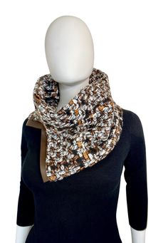 Bring your aesthetic to the next level with this sophisticated scarf! It measures 26" (66.04 cm) in length and 10" (25.4 cm) in width, crafted with 100% brown genuine leather and a 100% tweed wool blend fabric. Luxury Brown Scarves For Winter, Luxury Beige Scarf For Fall, Elegant Brown Scarves For Winter, Elegant Brown Winter Scarves, Chic Brown Scarf For Fall, Cowl Neck Scarf, Leather Scarf, Brown Tweed, Sleek Look