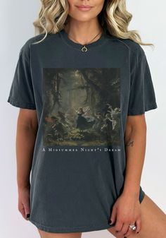 This is a unisex sized comfort colors t shirt with a Midsummer Nights Dream theatrical design. It is a high quality and durable material - famous for it's "worn-in" look and vintage inspired muted color options. This Shakespeare t shirt is a great gift for the actor in your life. This is a standard unisex size Comfort Colors T-shirt. For an oversized tee, please size up. If you're looking for an oversized t-shirt dress look, we recommend sizing up 2 sizes. Please review the size chart to ensure Goblincore Short Sleeve T-shirt For Summer, Summer Goblincore Short Sleeve T-shirt, Summer Goblincore Style Short Sleeve T-shirt, Summer Goblincore T-shirt With Short Sleeves, Shakespeare Gifts, Oversized T Shirt Dress, Dye Shirt, Midsummer Nights Dream, Oversized Tee