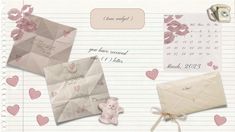 an envelope, teddy bear and calendar on lined paper with hearts around the edges for valentine's day