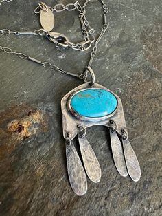 All handmade, one of a kind uniquely handcrafted sterling silver pendant necklace features a gorgeous turquoise cabochon stone (12x20mm / 3mm thick) bezel set in sterling silver. Four sterling teardrops dangle and give movement to this unique southwestern style pendant, handcrafted in my studio. Stamped .925 on the back. It hangs on a rustic 16-18 inch oxidized sterling silver bar & link chain.  *Each handmade ArtAffections Jewelry piece is presented to you hanging on a card within a plastic sleeve and ready wrap up as a gift. PENDANT Gallery: https://www.etsy.com/shop/ArtAffectionsJewelry?ref=seller-platform-mcnav&search_query=Recycled+Chunk+of+Sterling+Silver+Nugget+Pendant+Necklace FEEDBACK: "One of Etsy's best! This seller is phenomenal...worked with me on a special order & was very ac Jewelry Bar, Silver Bar, Southwestern Jewelry, Handcrafted Artisan Jewelry, Stone Pendant Necklace, Southwestern Style, Sterling Silver Necklace Pendants, Silver Bars, Oxidized Sterling Silver