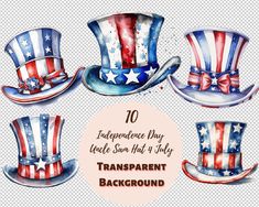 watercolor patriotic hats with stars and stripes on them for the fourth of july, transparent background