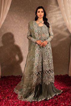 Brand: Maria Osama KhanProduct Code: DS-01 MehrCollection: Maria Osama Khan Dastaan Festive Formal CollectionFabric: Organza DESCRIPTION: Show off your style with this mesmerizing, scintillating & classy ensemble. This exquisite grey green outfit features intricate embroidery and hand embellishments on luxurious organza fabric. The left & right panels are adorned with stunning embroidery. The back is also enhanced with embroidery details. The sleeves, borders, & dupatta continue this elegant emb Organza Suits, Organza Shirt, Elegant Embroidery, Organza Fabric, Pakistani Designers, Intricate Embroidery, Silk Dupatta, Green Outfit, Fabric Stores Online