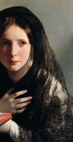 a painting of a woman wearing a veil and holding her hands on her chest, looking at the camera