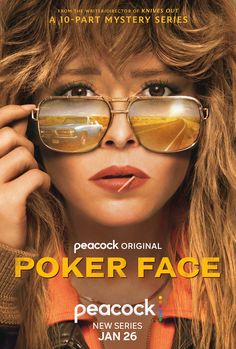 the movie poster for poker face, featuring a woman with sunglasses on her head and an orange