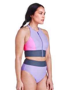 A sporty bikini top offering high support  the fully lined Lole Mer swimsuit top has a high neckline with a front zipper  and also has an adjustable strappy back for a great fit. Cheap Sporty Nylon Swimwear, Turbo Swimwear, Purple L, Rei Co-op, Swim Top, Swimsuit Tops, High Neckline, Women Swimsuits, Womens Swimwear