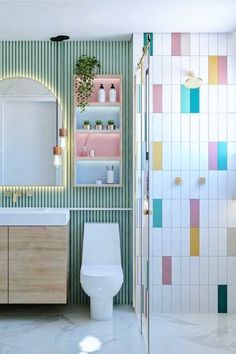 a bathroom with colorful tiles on the walls and floor, along with a white toilet