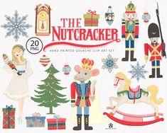 the nutcracker clip art set is shown in various styles and colors, including christmas decorations