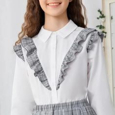 Shoulder: 15 Inch Length: 23 Inch Sleeve Length: 23.8 Inch Bust: 39.6 Inch Waist Size: 38.2 Style: Preppy Pattern Type: Plaid Details: Ruffle, Button Front Top Type: Blouse Bottom Type: Skirt Skirts & Tops Material: Polyester Skirts Composition: 100% Polyester Tops Composition: 80% Polyester, 20% Cotton Neckline: Collar Sleeve Length: Long Sleeve Sleeve Type: Regular Sleeve Fit Type: Regular Fit Fabric: Non-Stretch Care Instructions: Machine Wash Or Professional Dry Clean Sheer: No Brand New - N White Long Sleeve Blouse For School, Long Sleeve Ruffle Tops For School, Long Sleeve Ruffled Tops For School, Casual Ruffled Tops For School, Shein Shirts, Shein Kids, Kids Bag, Button Front Top, Style Preppy