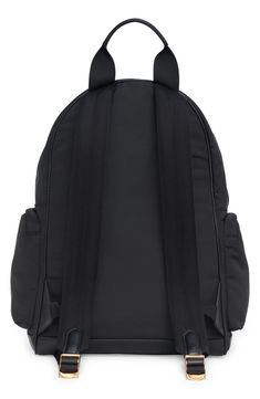 This super-durable backpack cut from recycled nylon and trimmed in smooth leather is outfitted with plenty of pockets and compartments to keep you organized. Two-way top-zip closure   Top carry handle; adjustable backpack straps   Exterior front zip pockets; side zip pockets   Recycled nylon with leather trim   Made in Italy   Designer Handbags Sporty Nylon Backpack With Multiple Pockets, Nylon Bags With Multiple Pockets For Commuting, Nylon Backpack With Multiple Pockets For Trip, Nylon Backpack With Multiple Pockets, Nylon Commuting Bag With Multiple Pockets, Nylon Commuter Bag With Multiple Pockets, Functional Nylon Backpack With Removable Padding, Sporty Nylon Backpack For Trips, Modern Leather Backpack With Anti-theft Pocket