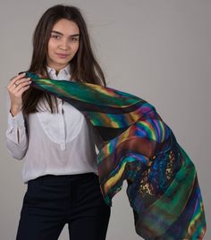 Unique scarf Abstract scarf multicolored , executed in the technique of batik-painting on natural silk This scarf can be a wonderful accessory in a women's wardrobe, a fashionable addition in a women's outfit both in a business suit and in a casual outfit. Very light, airy, soft to the touch. It is easily washed at a water temperature of no higher than 30 degrees, dried in a towel and immediately ironed from the inside out, we set the temperature of the iron as if ironing cotton. Multicolor Silk Scarves With Abstract Print, Multicolor Silk Scarf With Abstract Print, Elegant Multicolor Silk Scarf With Abstract Print, Artistic Multicolor Silk Shawl, Multicolor Print Silk Scarf, Artistic Silk Shawl Scarf As Gift, Bohemian Multicolor Silk Scarves, Multicolor Silk Scarves, Multicolor Silk Shawl Scarf