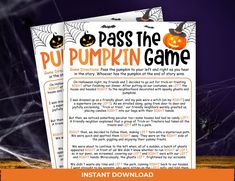 two halloween games with pumpkins and spider web on the front, one is for pass the pumpkin game