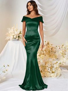 Off Shoulder Mermaid Hem Satin Formal Dress, Elegant Prom Evening Wedding Guest Gown, For Graduation, Dinner Dark Green   Short Sleeve Satin Plain Bodycon Slight Stretch All Weddings & Events, size features are:Bust: ,Length: ,Sleeve Length: Bodycon Gown, Satin Formal Dress, فستان سهرة, Women Formals, Instagram Model, Model Beauty, Formal Evening Dresses, Womens Clothing Sizes, Clothing Size Chart