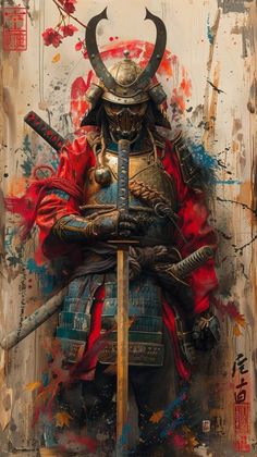 a painting of a samurai holding two swords and wearing a helmet with horns on it