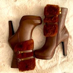 Nwt Olivia Miller Brown Faux Fur And Leather Ankle Boots. Size 9 Brown Faux Leather Mid-calf Boots For Winter, Brown High Heel Mid-calf Boots In Faux Leather, Brown High Heel Mid-calf Faux Leather Boots, Brown Synthetic Heeled Boots For Winter, Winter Brown Leather Heels, Elegant Brown Winter Booties, Brown Winter Booties With Buckle Closure, Elegant Winter Booties In Faux Leather, Synthetic Boots With Faux Fur Trim For Fall