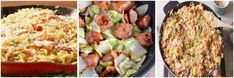 three different pictures of food in pans, one with meat and the other with vegetables