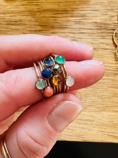 Group of Skinny Mini Jeweled Stackers 4mm Gemstone Options. Aqua Chalcedony, Pink Coral, Lapis, Iolite, Citrine, Rose Cut Pyrite, Adventurine & Moonstone 14k Gold Fill Bands. Stacker Rings, Hammered Band, Aqua Chalcedony, Pink Coral, Lovely Jewellery, Smoky Quartz, Stacking Rings, Rose Cut, Citrine