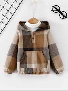 Toddler Boys Sweatshirt, Shein Kids, Jumper Outfit, Plaid Pullover, Boys Plaid, Kangaroo Pocket Hoodie, Pocket Hoodie, Boys Sweatshirts, Toddler Boy Outfits