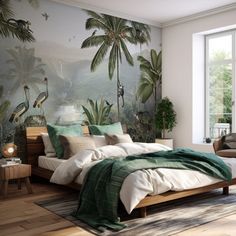 the bedroom is decorated with tropical wallpapers and palm trees in shades of green