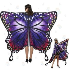 two women wearing butterfly wings, one in blue and the other in purple with white dots