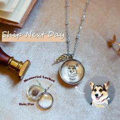 the dog is looking at his owner's photo in the glass locke necklaces