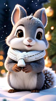 a cartoon squirrel with a scarf around it's neck sitting in front of a christmas tree