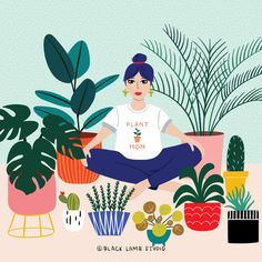 a woman sitting on the ground surrounded by potted plants and houseplants with text that reads, plant mom illustrations