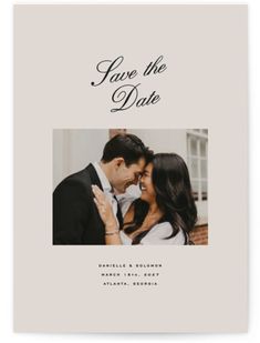 the save the date photo card is shown in black and white