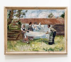 an oil painting of people washing clothes on a line