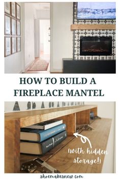 Black and white tiled fireplace including a mantel with storage Mantel With Hidden Storage, Fireplace Tv Wall Ideas, Diy Fireplace Tv Wall, Build A Fireplace Mantel, Tv Wall Unit Designs, Storage Fireplace