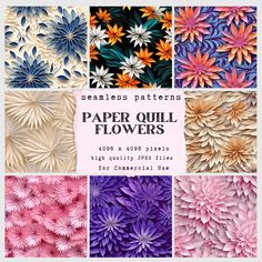 paper quill flowers are shown in different colors and sizes, with the words seamless patterns