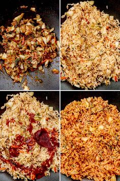 four pictures show different stages of cooking rice and other things in the same pan as well