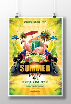 a flyer for a summer party with flamingos and palm trees on the beach, in front of a yellow background