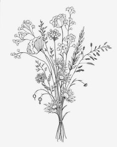 a black and white drawing of flowers on a white background