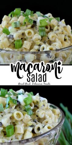 macaroni salad in a glass bowl with green onions