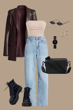 Light Blue Jeans Black Boots, Light Jeans Black Boots Outfit, November Going Out Outfits, Maroon Top And Jeans Outfit, Edgy Sophisticated Style, Fall Outfits With Combat Boots, Straight Black Jeans Outfit, Boyfriend Jacket Outfit, Leather Jacket And Boots Outfit