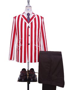 "boating blazer | white and red stripe jacket Jacket: 100% cotton fabric 3 button jacket, burgundy matching plain button 2 1/2\" wide notch lapel, High button jacket 4 buttons non-working cuff, single vent at the back 1 Breasted pocket, 1-1 Flap pocket jacket, and traditional ticket pocket Matching full inside lining of jacket   Dry clean only Tailor made jacket N.B These jacket are tailored fit N.B = only jacket not including shirt, shoe, necktie and pin Note: Dear valuable customers this jacke Formal Striped Cotton Blazer, Striped Cotton Blazer For Formal Occasions, Red Cotton Blazer For Spring, Striped Blazer With Buttons And Notch Lapel, Striped Notch Lapel Blazer With Buttons, Classic Red Cotton Blazer, Classic Striped Cotton Blazer, Pinstripe Cotton Blazer For Workwear, Pinstripe Cotton Blazer For Work