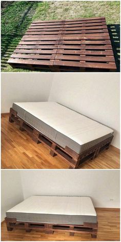 the bed is made out of pallets and has been placed on top of each other