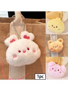 three different pictures of stuffed animals hanging from the handles of purses, one with ears and eyes