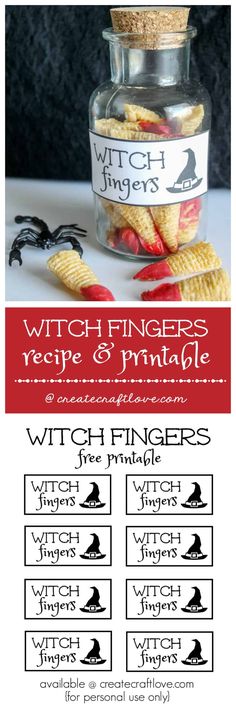 a jar filled with corn on top of a table next to a sign that says witch fingers recipe and printables