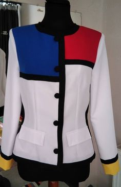 "MON JACKET Handmade reproduction jacket 100% Polyester Colors: red, white, yellow, blue, black Mondrian jacket fully lined This jacket is made under request, so there is no stock. Since is only made under request, can not be returned ( read my policies concerning conditions for exchanges or returns) CAN I CHANGE THE COLOR? YES Just add to your cart the listing special request, aswell for lining or other changes as alterations https://www.etsy.com/uk/listing/624364219/special-requests?ref=shop_h Fitted Multicolor Outerwear With Stand Collar, Fitted White Blazer With Stand Collar, White Fitted Blazer With Stand Collar, White Fitted Retro Outerwear, Piet Mondrian Art, Mini Jacket, Art Jacket, Mod Jacket, Empire Waist