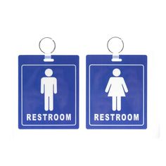 two blue restroom signs hanging from hooks