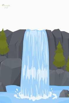 a cartoon waterfall with trees and rocks in the background