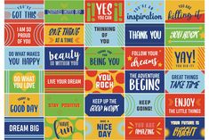 the words and phrases on this poster are all in different colors, shapes, and sizes