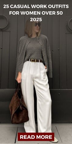 a woman standing in front of a black door with the words 25 casual work outfits for women over 50