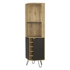 a tall wooden cabinet with two shelves and black drawers on one side, and an open shelf in the middle