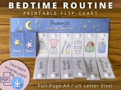 the bedtime routine printable flip chart is shown