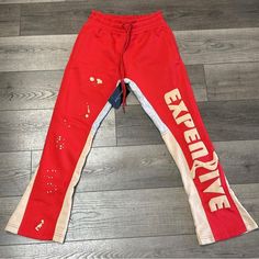 Expenzive Taste Clothing New Spring Collection Sweatpants Fits True To Size Extended For Stacked Effect. Puff Prints Upfront Embroidered On Back Pockets Sweatpants Fits, Flared Sweatpants, Red Flare, Clothing Pants, Spring Collection, Sweatpants, Man Shop, Cream, Pants