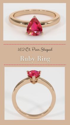 1.62 Carat ruby ring set in 18K rose gold. #accessoriesrings #gorgeousring #bigengagementrings #ringdiamond #ringsengagement Modern Red Ruby Ring For Wedding, Formal Pear-shaped Ruby Ring, Modern Red Ruby Wedding Ring, Classic Red Heart Cut Ruby Ring, Elegant 14k Rose Gold Ruby Ring With Prong Setting, Classic Pear-shaped Ruby Ring, Classic Ruby Ring With Pear-shaped Stone, Formal Gold Ruby Ring With Lab-created Ruby, Formal Red Pear-shaped Ruby Ring