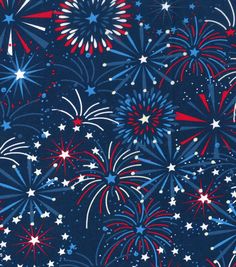 red, white and blue fireworks in the night sky with stars on it's side